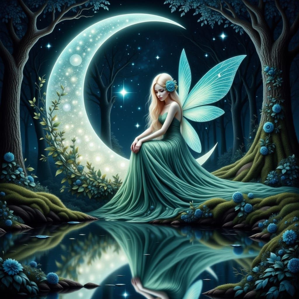 Ethereal Moon Fairy with Blue Roses
