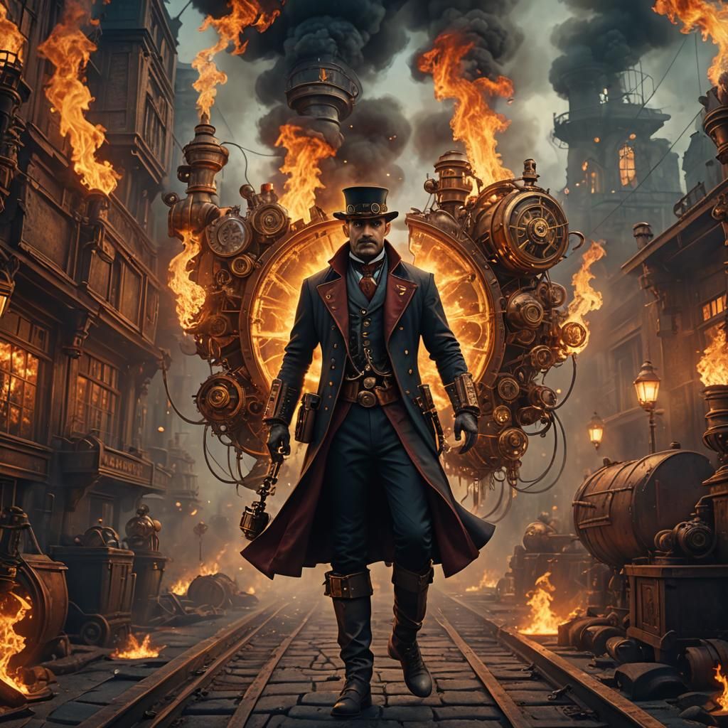 Steampunk Man in Flames: Detailed Matte Painting