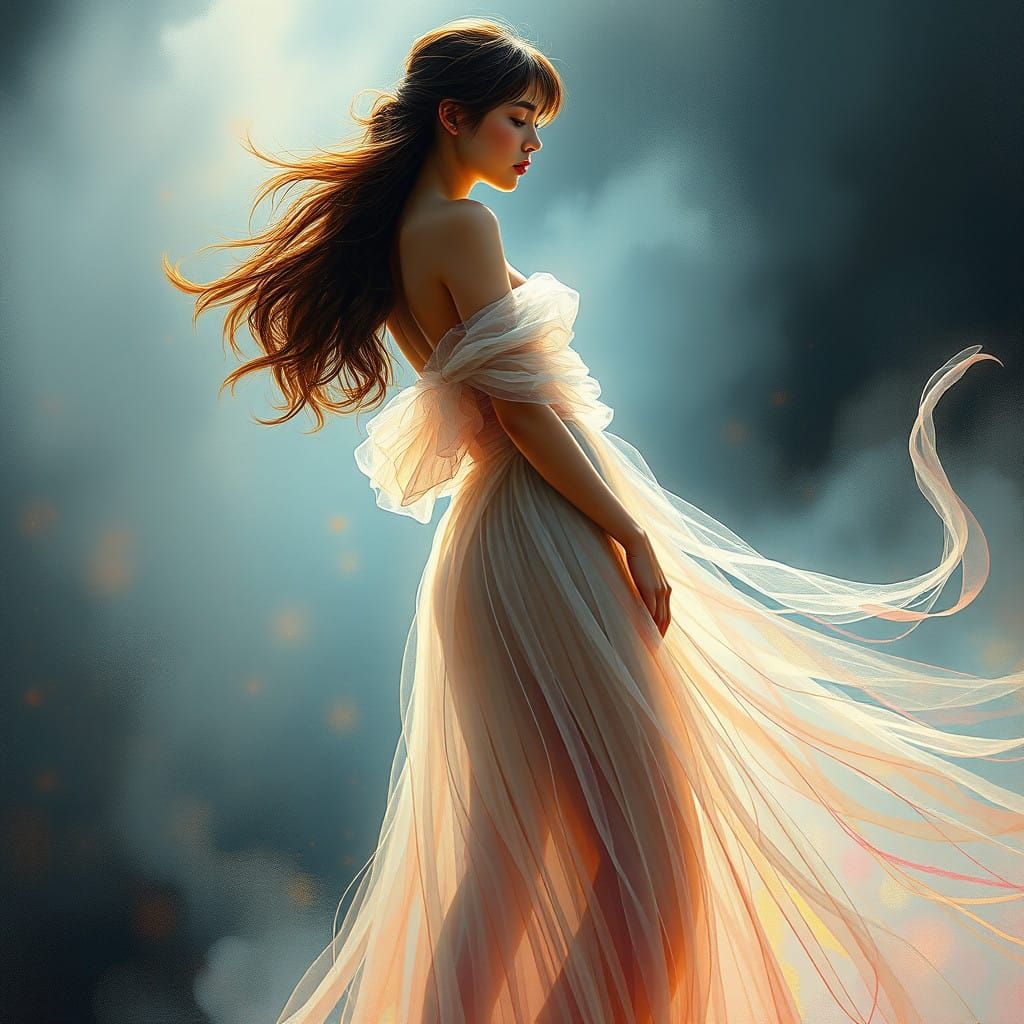 Ethereal Woman in Diaphanous Gown with Swirling Light Ribbon...