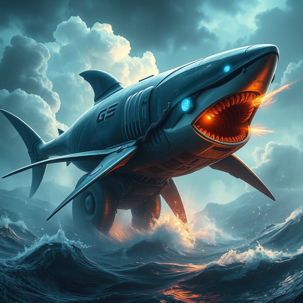 Cyberpunk Shark vs Whale Robot Battle Amidst Turbulent Ocean