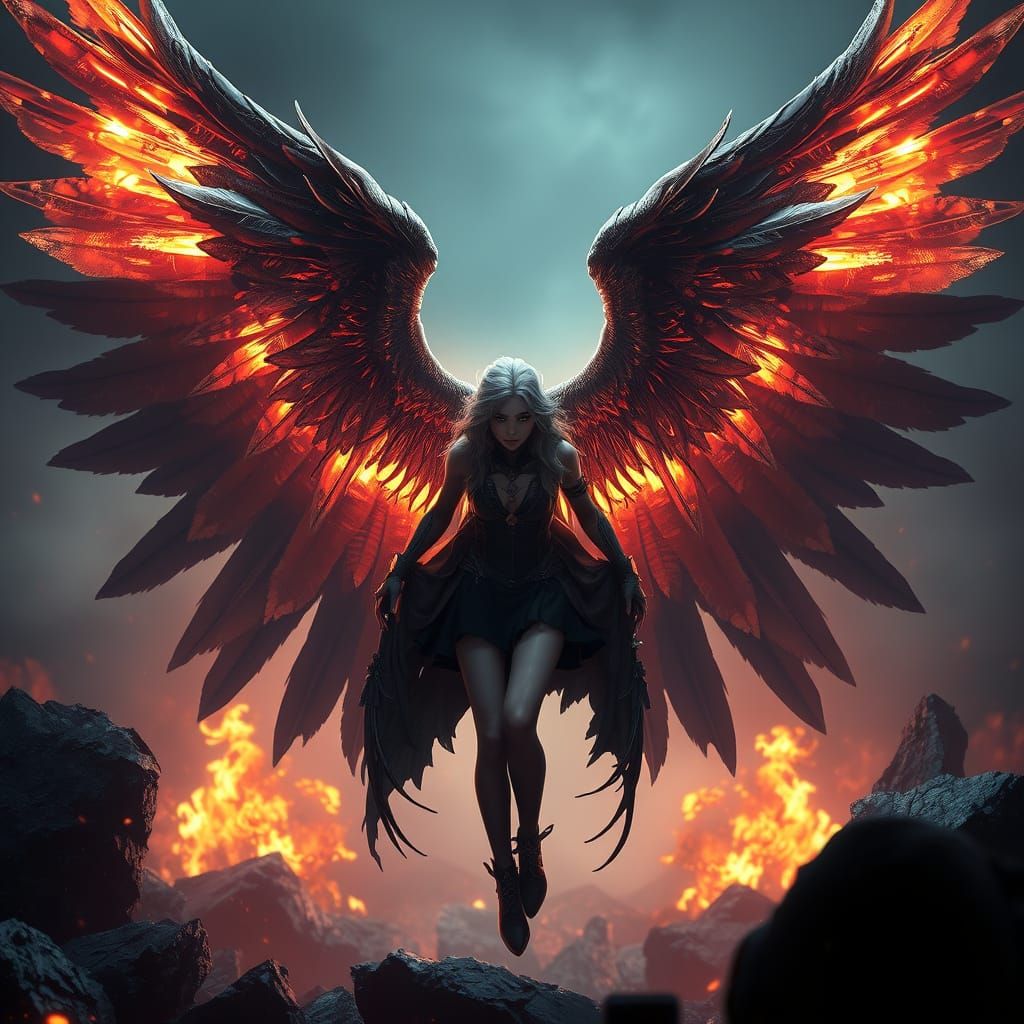 Ethereal Goth Angel Ascending from Dark Ruins in 3D Epic Sty...