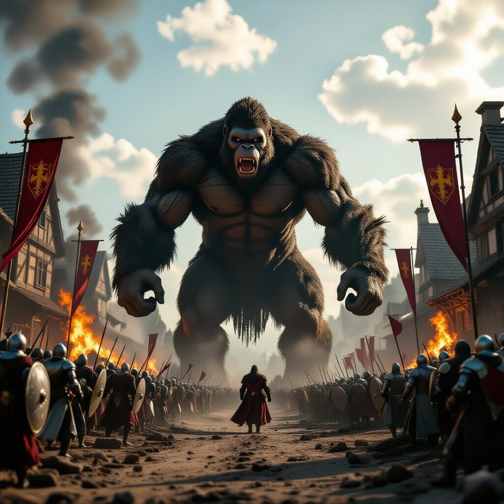 Giant Ape Overwhelms Medieval Knights in Cinematic Photograp...