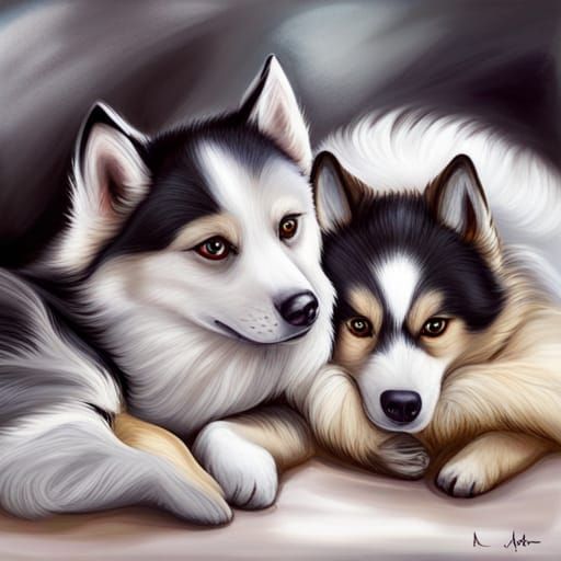 Five Dogs Lying on Blanket as Oil Painting