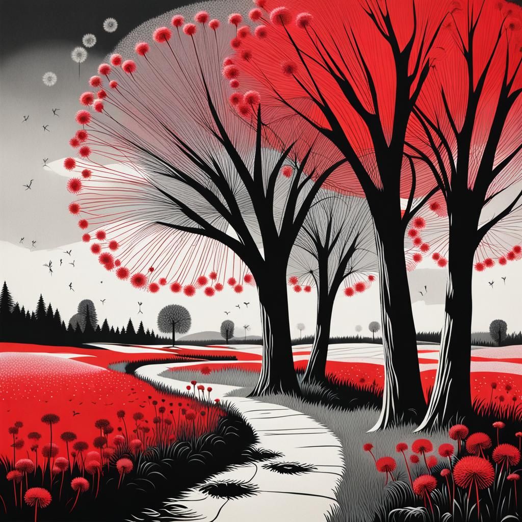 Surreal Landscape with Red Trees in Photogram Style
