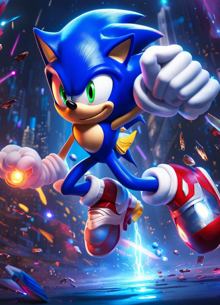 Detailed Sonic Superhero Jump in Flashlights: Photorealism