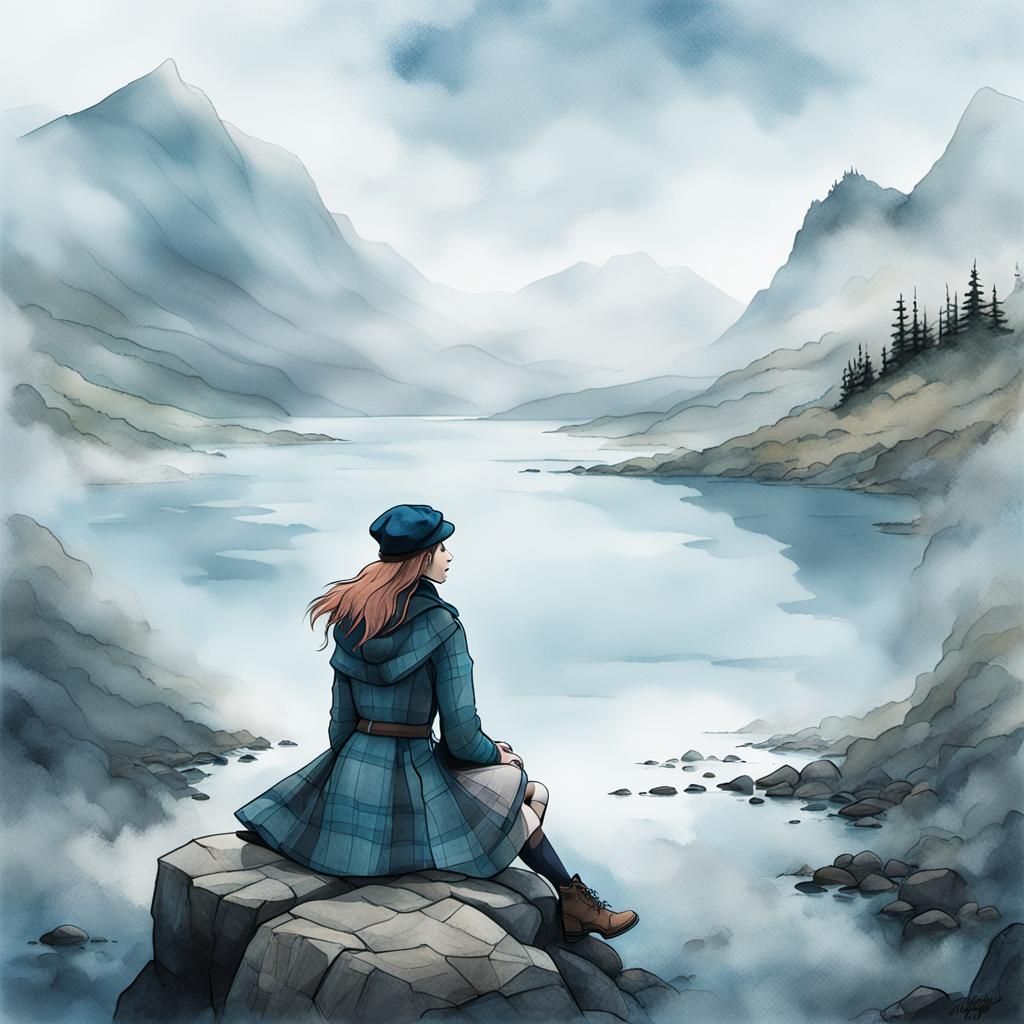 Highland Woman at Foggy Loch in Comic Art Style