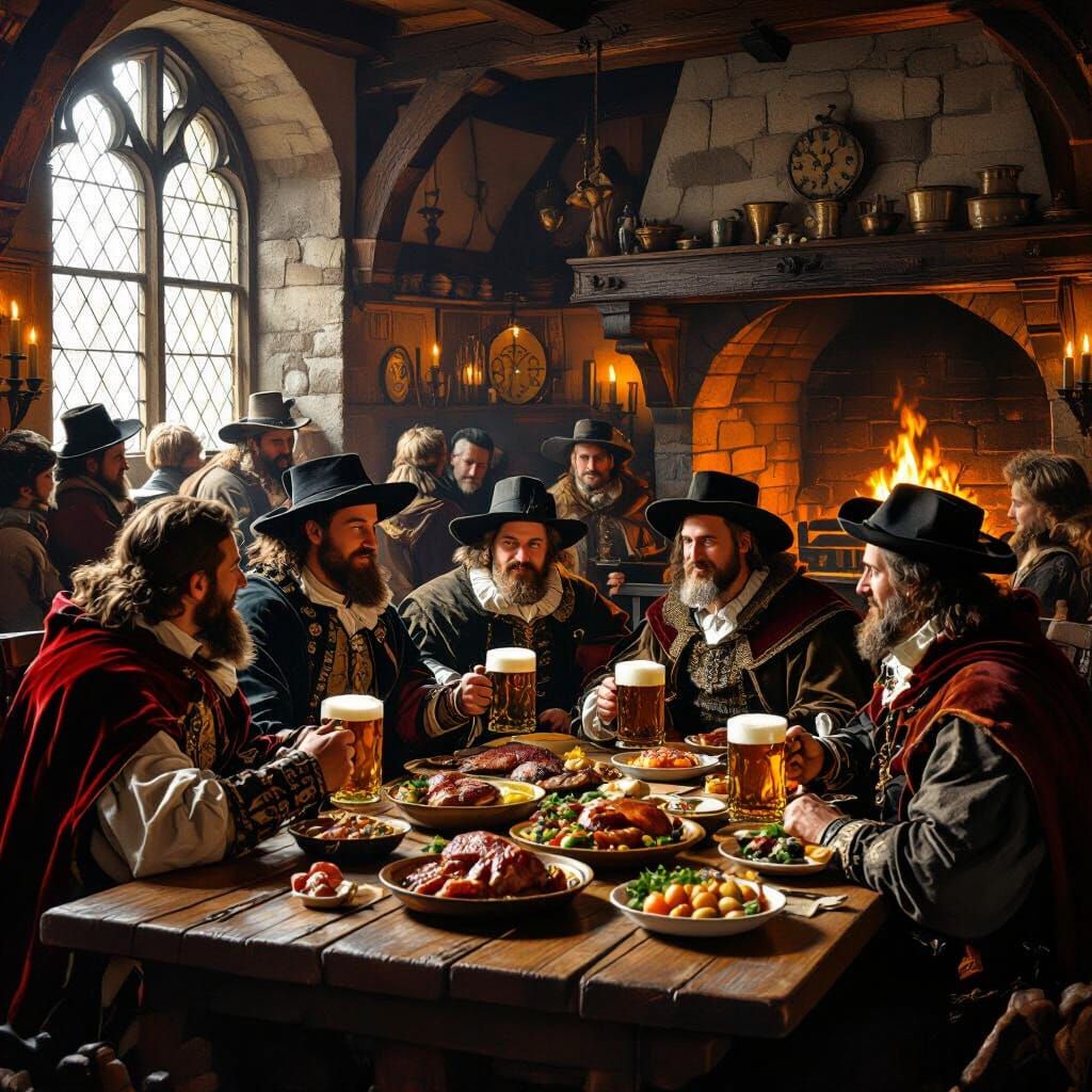 Bustling Medieval Tavern Interior with Patrons Enjoying Drin...