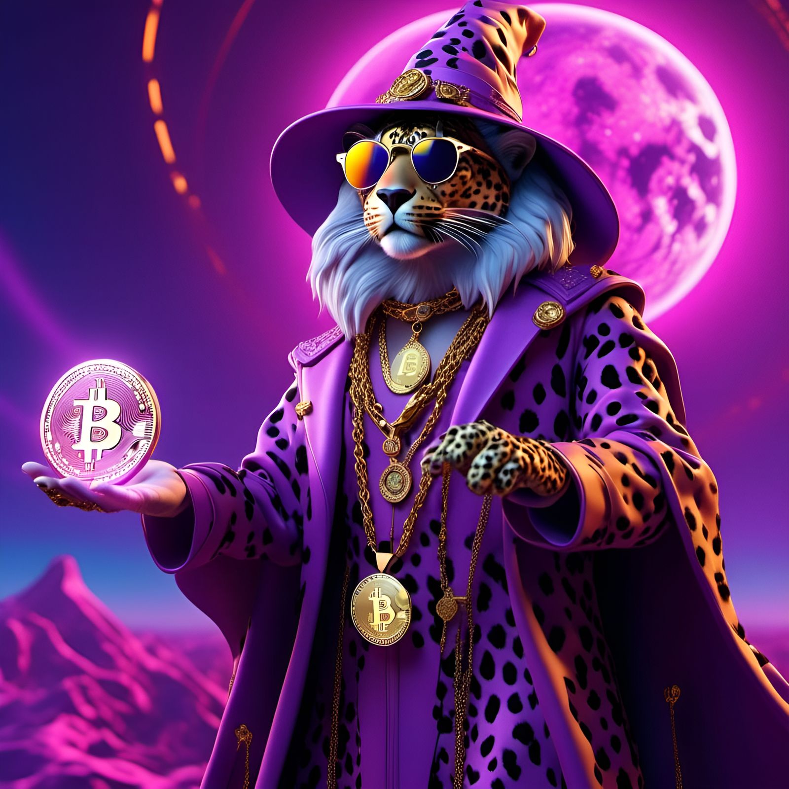 Cryptolusionist Leopard Wizard with Bitcoin and Dollars