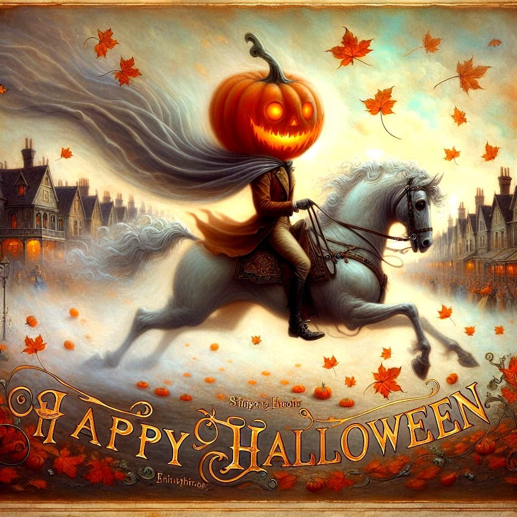 Ghostly Horseman Rides into Halloween, Oil Painting Style