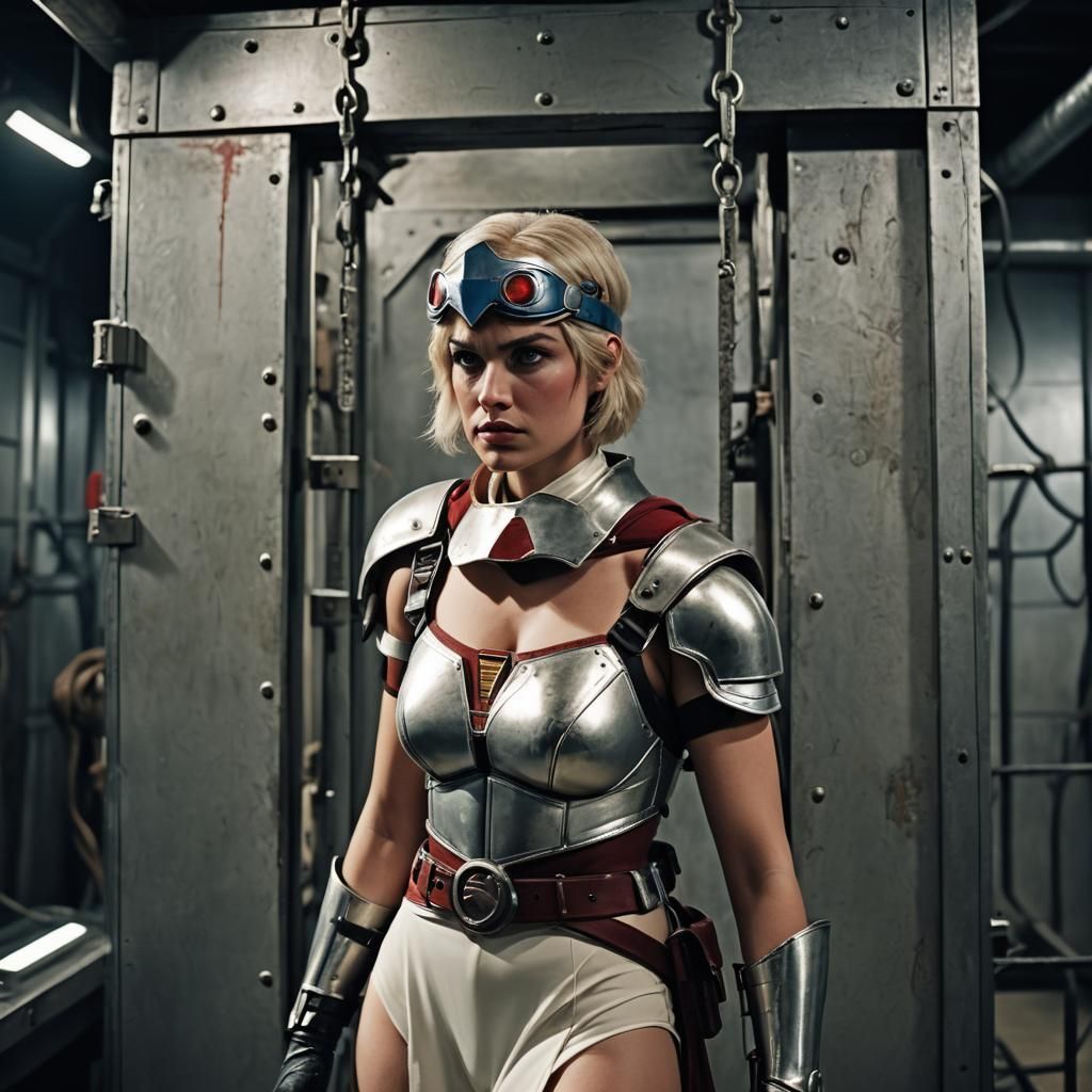 Powergirl's Cyberpunk Transformation in Cinematic Film Still