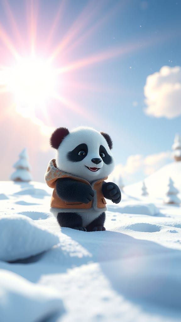 Cute Baby Panda Plays in Winter Wonderland Scene