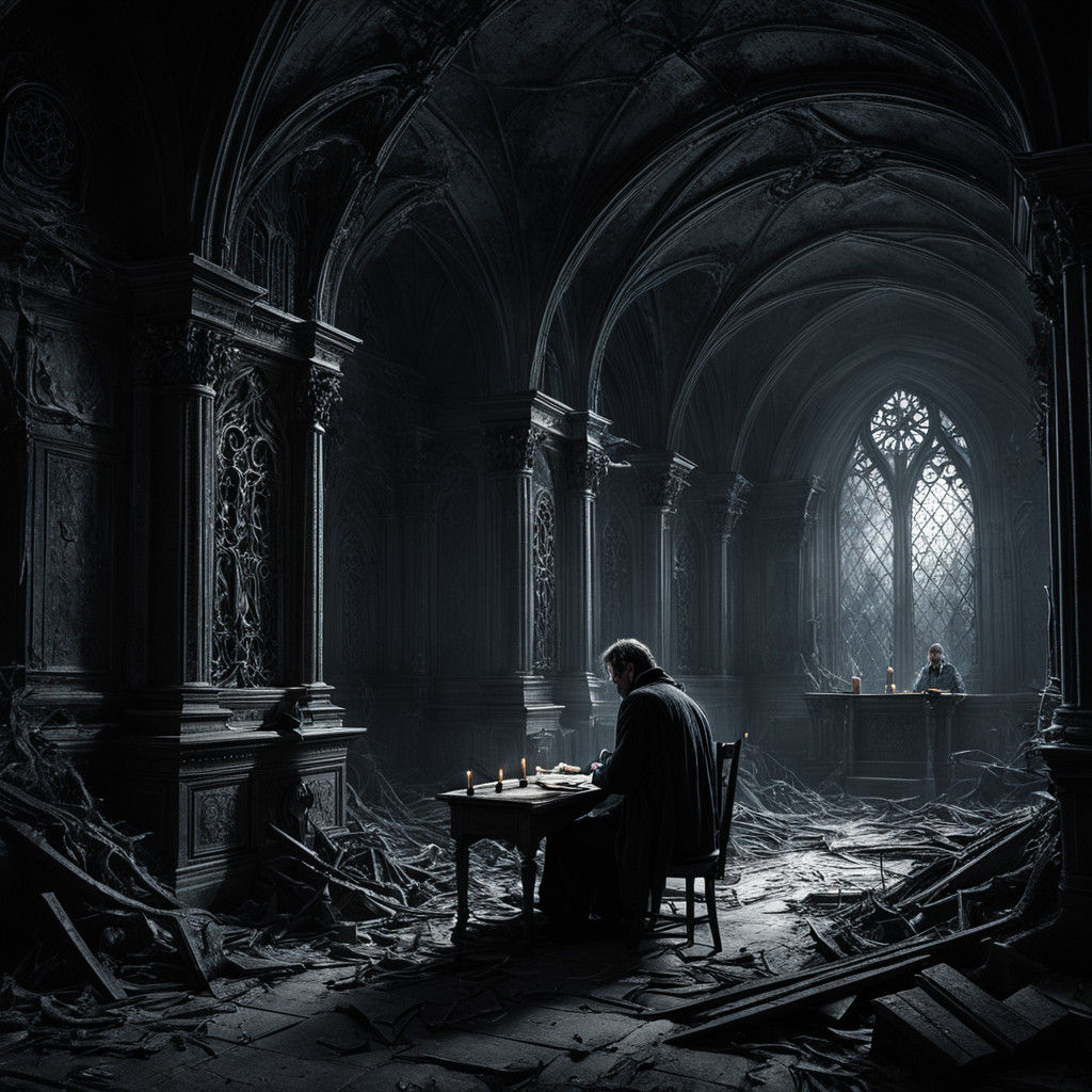 Despondent Man in Eerie, Twisted Gothic Chamber
