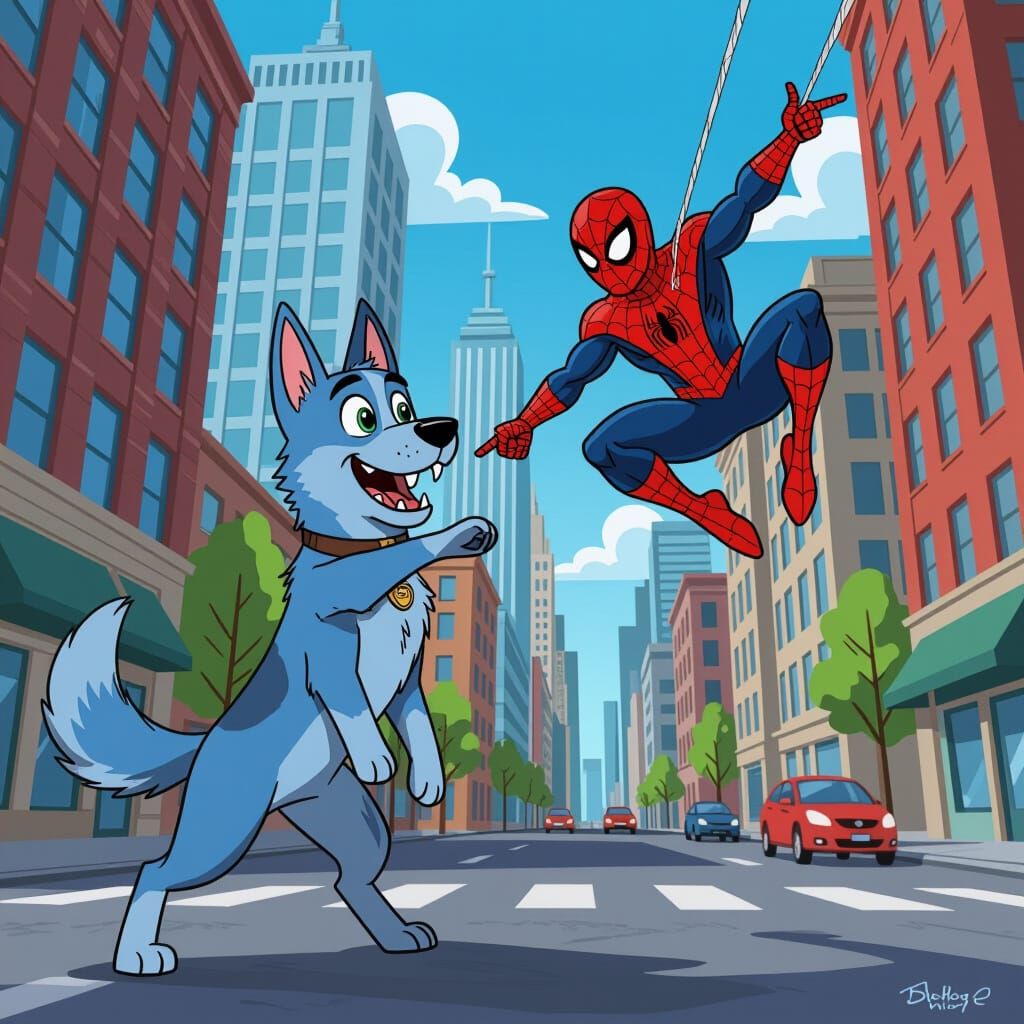 Bluey Confronts Spiderman in Comic Book Style