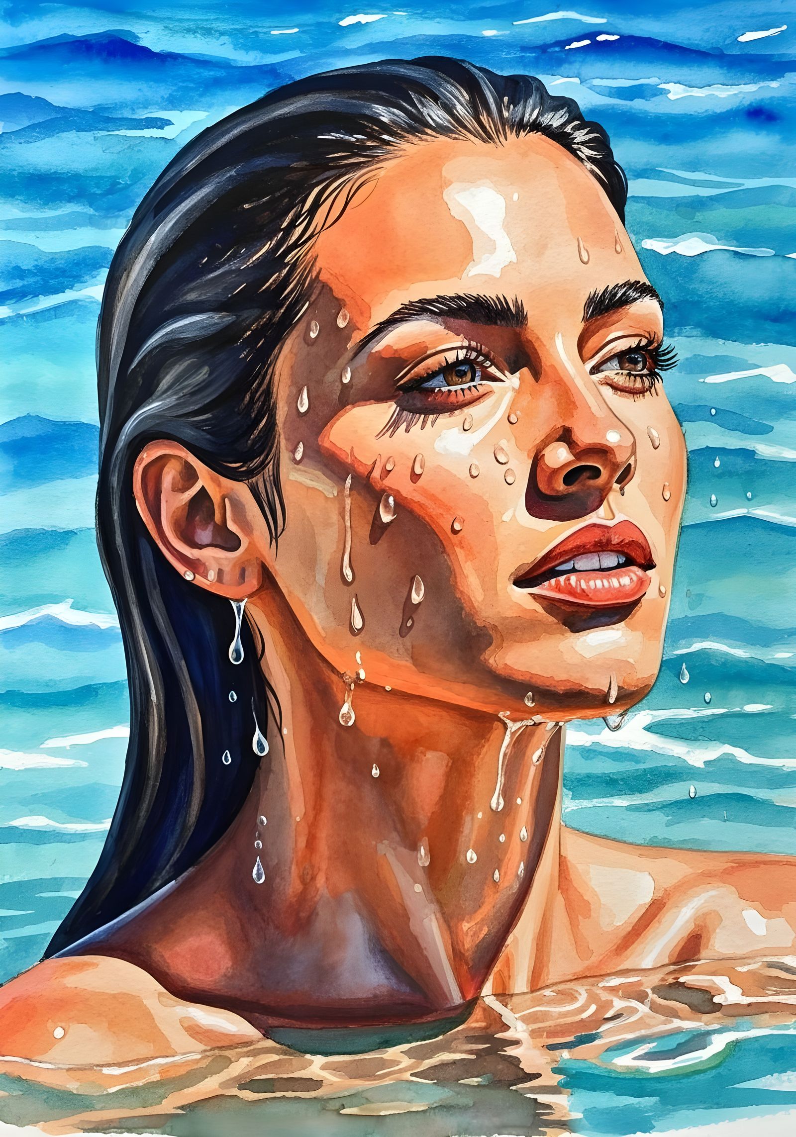 Woman Emerging From Turquoise Mediterranean Waters in Waterc...