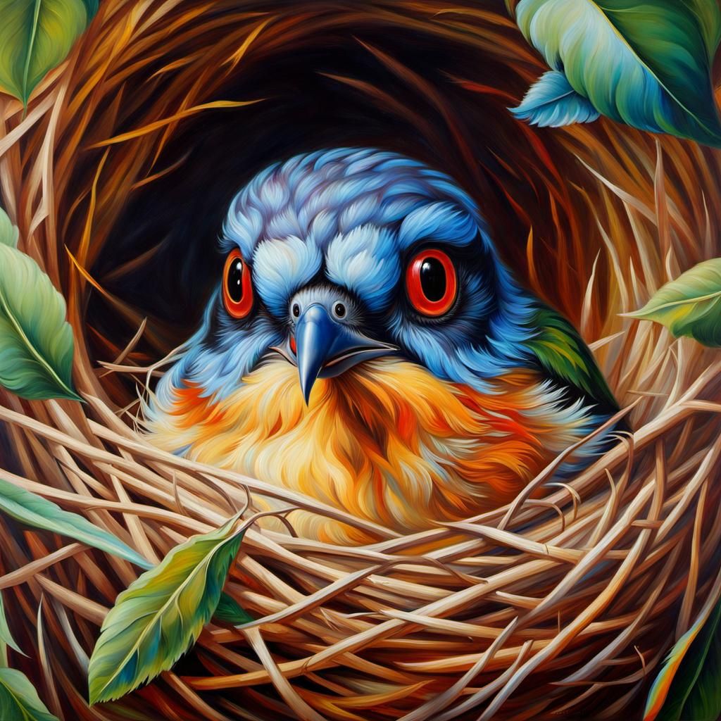 Cute Bird in Nest as Oil Painting