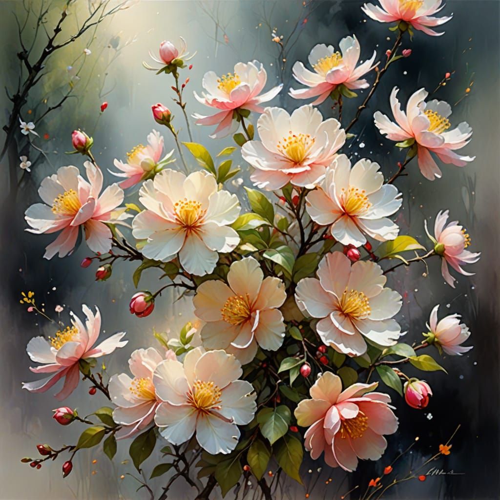 Enchanted Chaenomeles Blooms with Glowing Petals