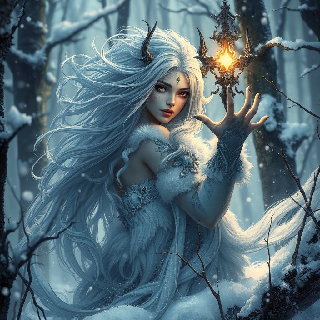 Ethereal Winter Dryad in Gothic Fantasy Landscape