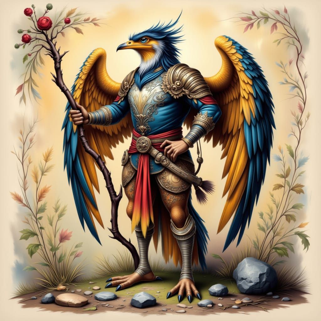Anthropomorphic Bird Warrior in Summer Forest