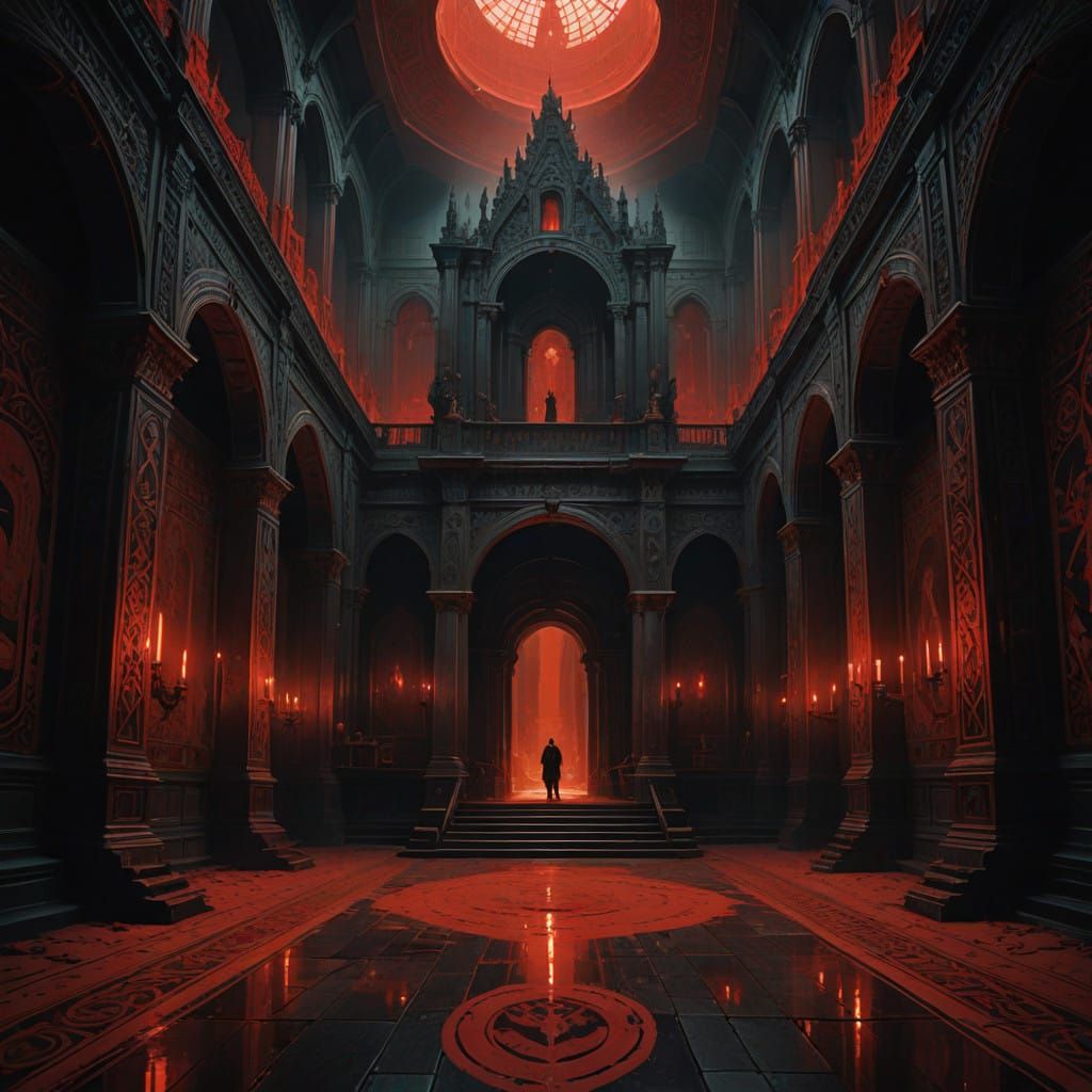 Dark Palace Halls in Crimson Tapestry Splendor