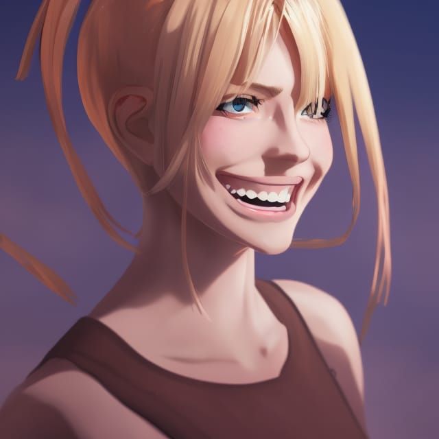 Laughing Blonde Girl in Steampunk Anime Style