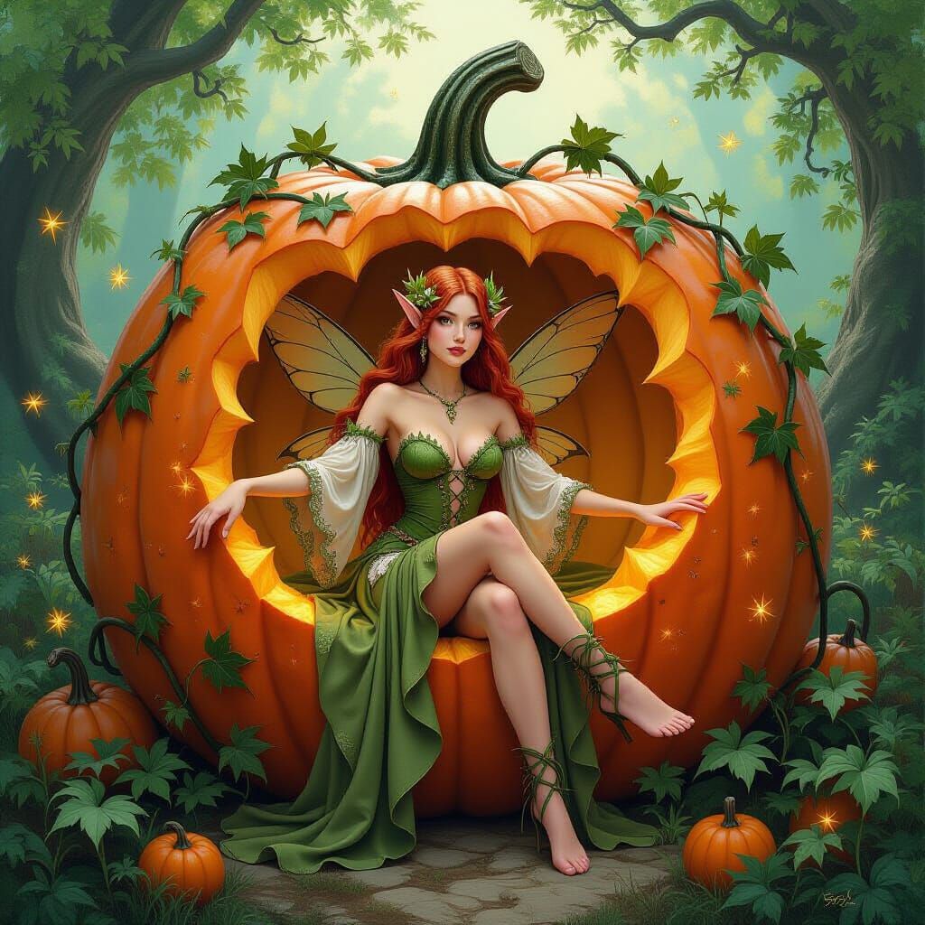 Faerie Home Inside Giant Pumpkin, Fantasy Oil Painting