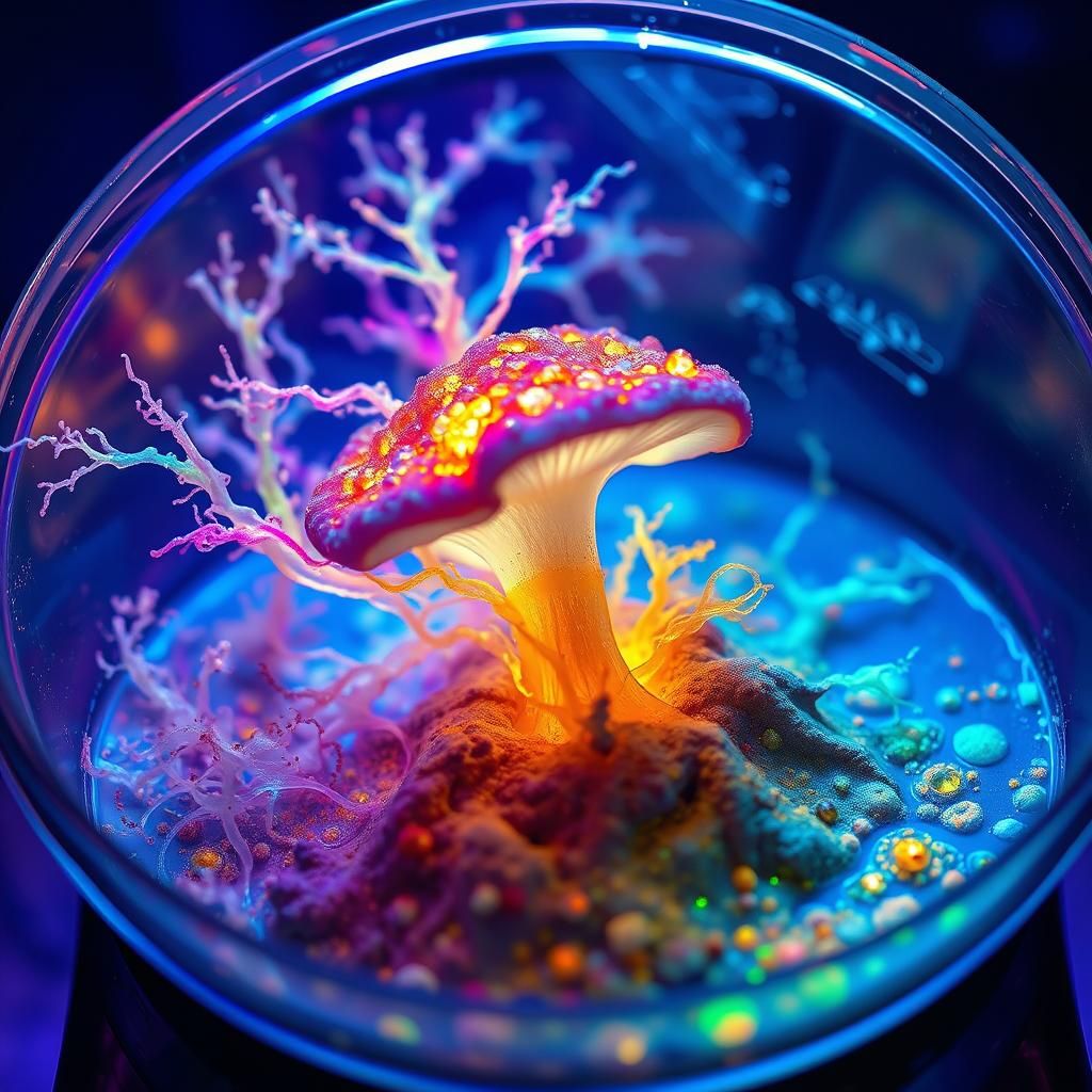 Glowing Mycelium Network with Rainbow Spores