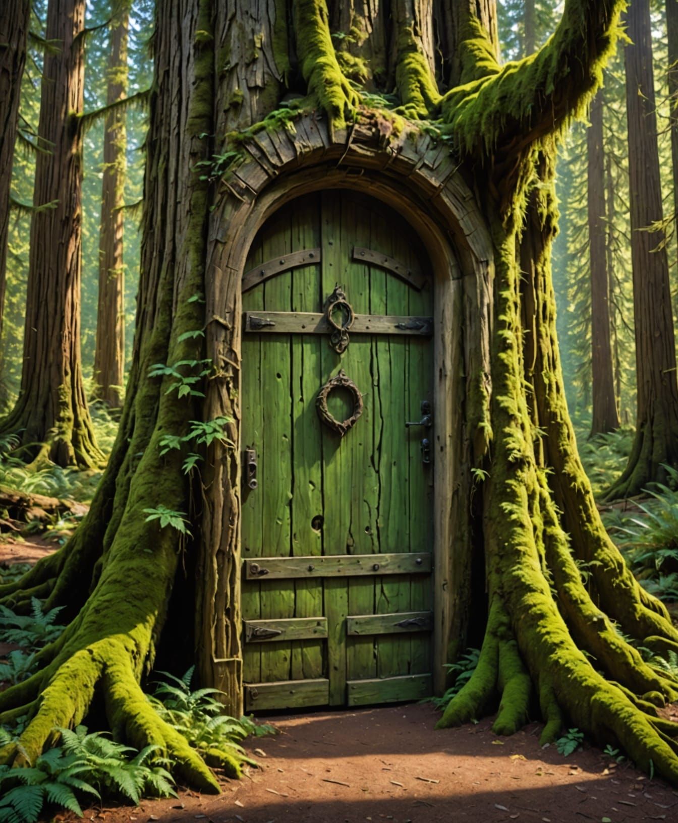 Enchanting Door at the Base of Giant Redwood