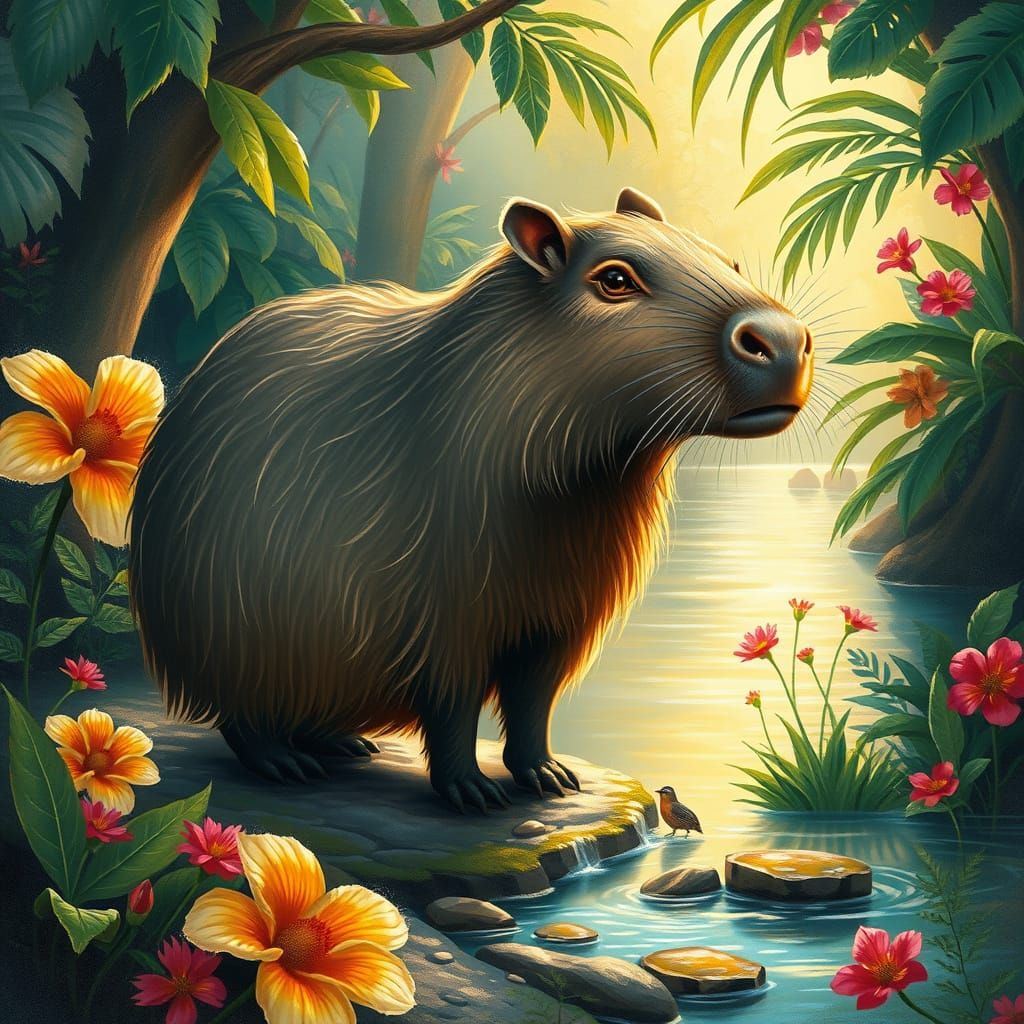 Capybara in Vibrant Tropical Landscape