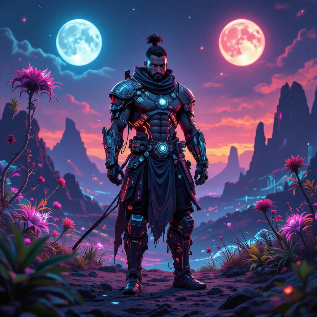 Cybernetic Warrior on Neon Alien Planet