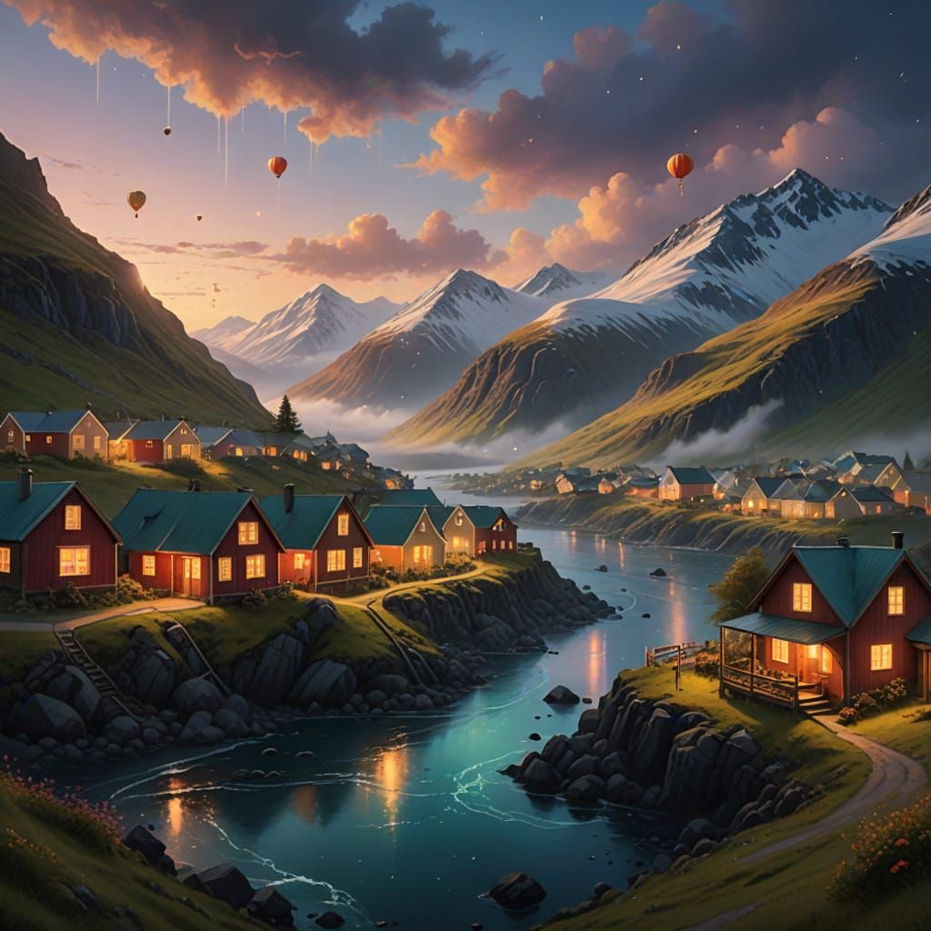Whimsical Village in Alaska's Misty Mountains