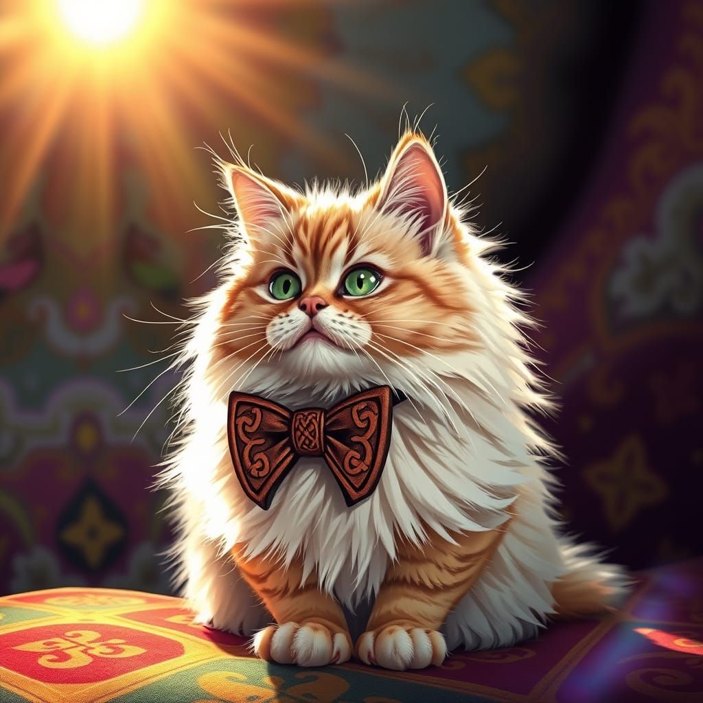 Hyperrealistic Persian Cat with Bow in Sunlight