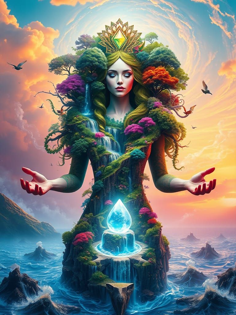 Serene Fantasy Princess with Lush Forests and Shimmering Cre...