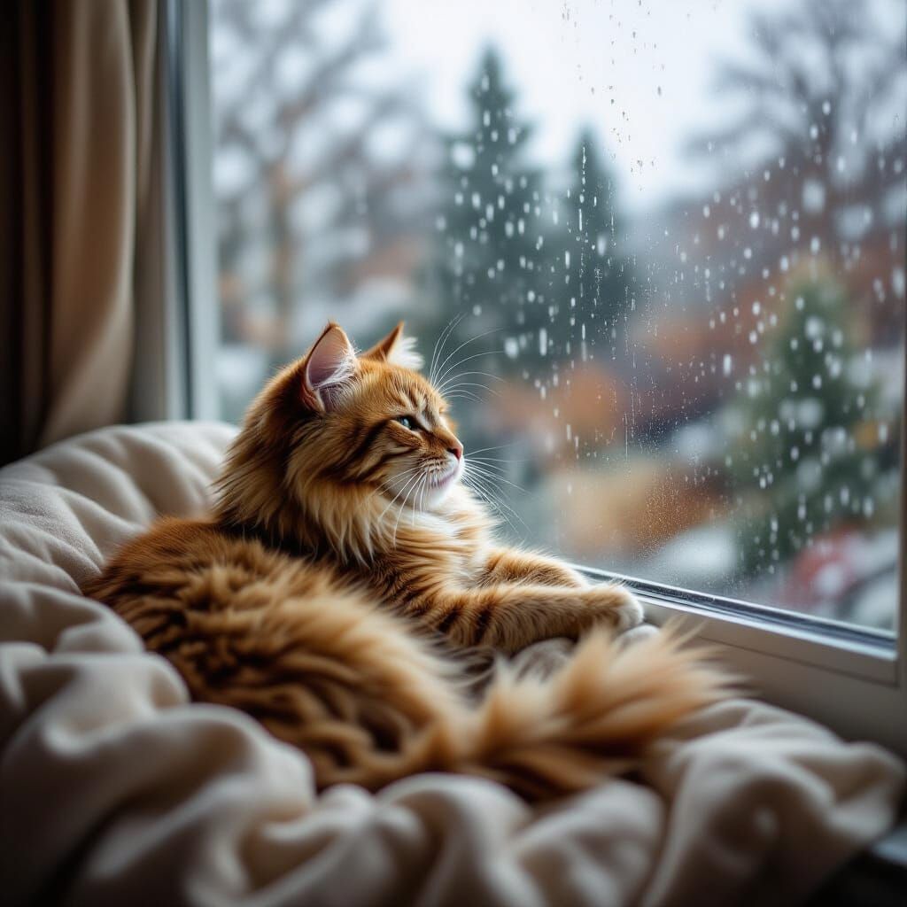 Cozy Cat Watching Rain Through Window
