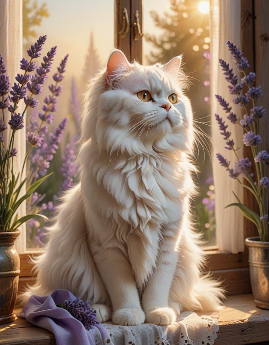 Fluffy White Persian Cat in Whimsical Garden Scene