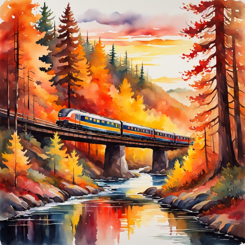 Autumn Train Journey: Impressionistic Watercolor Painting