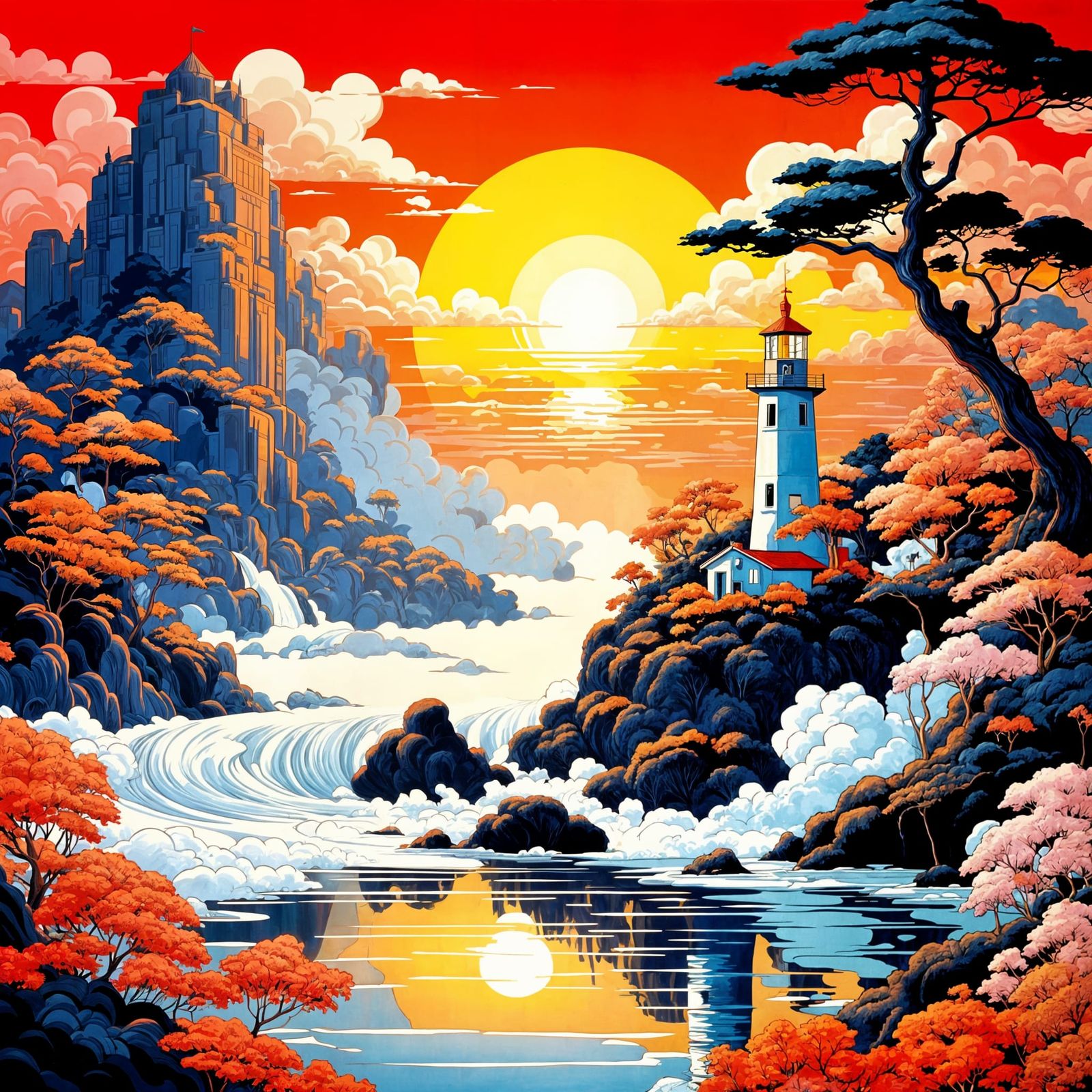 Roy Lichtenstein-Inspired Lighthouse Scene in Vibrant Psyche...