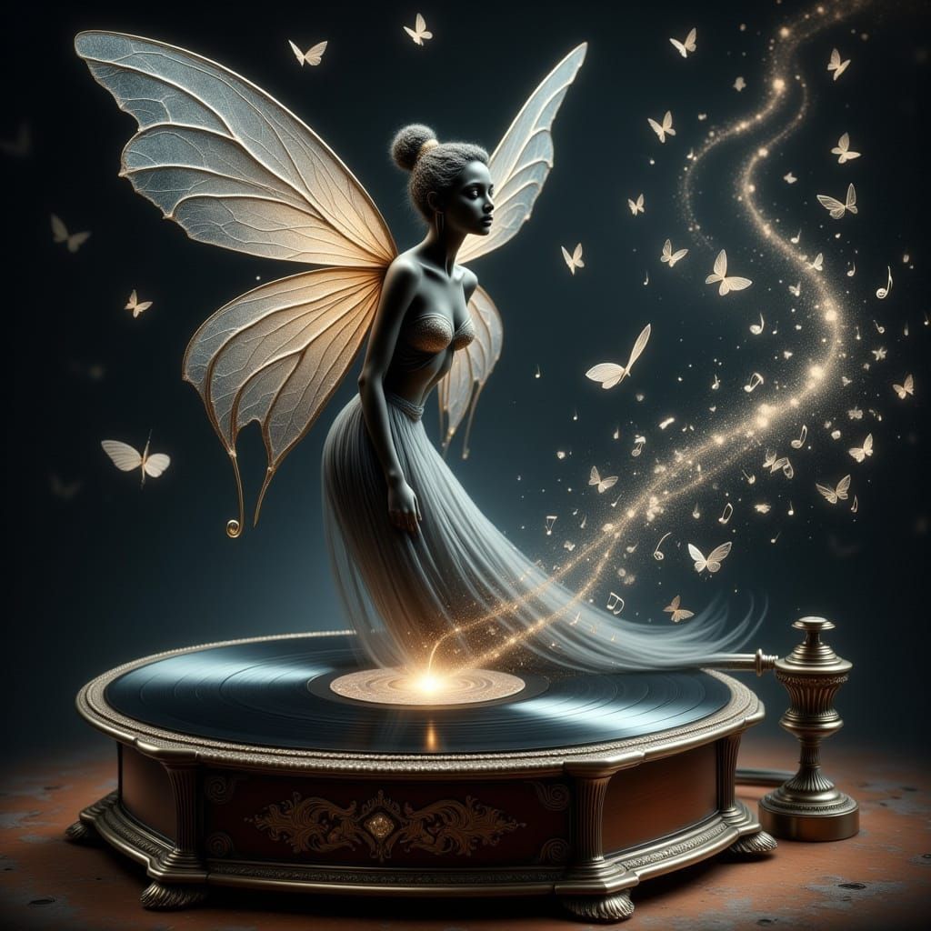 Mystical Fairy Rises from Vinyl Grooves in Dark, Dreamlike S...