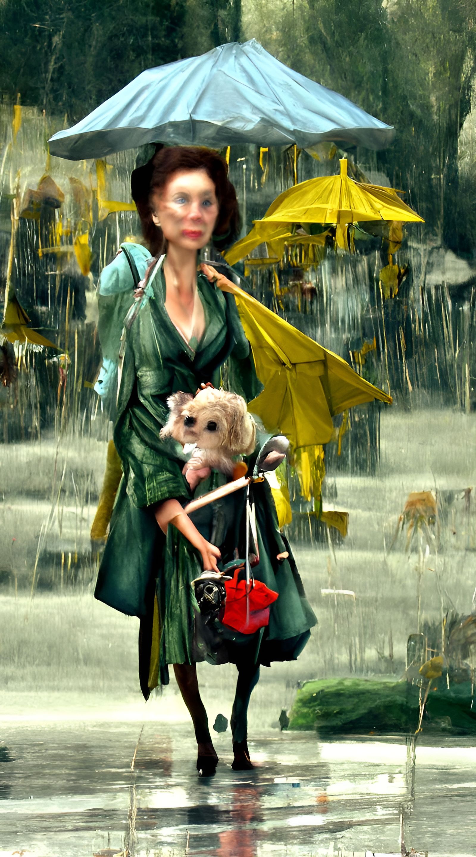 The rich lady with the little dog in her purse walking in the rain with an umbrella detailed matte painting