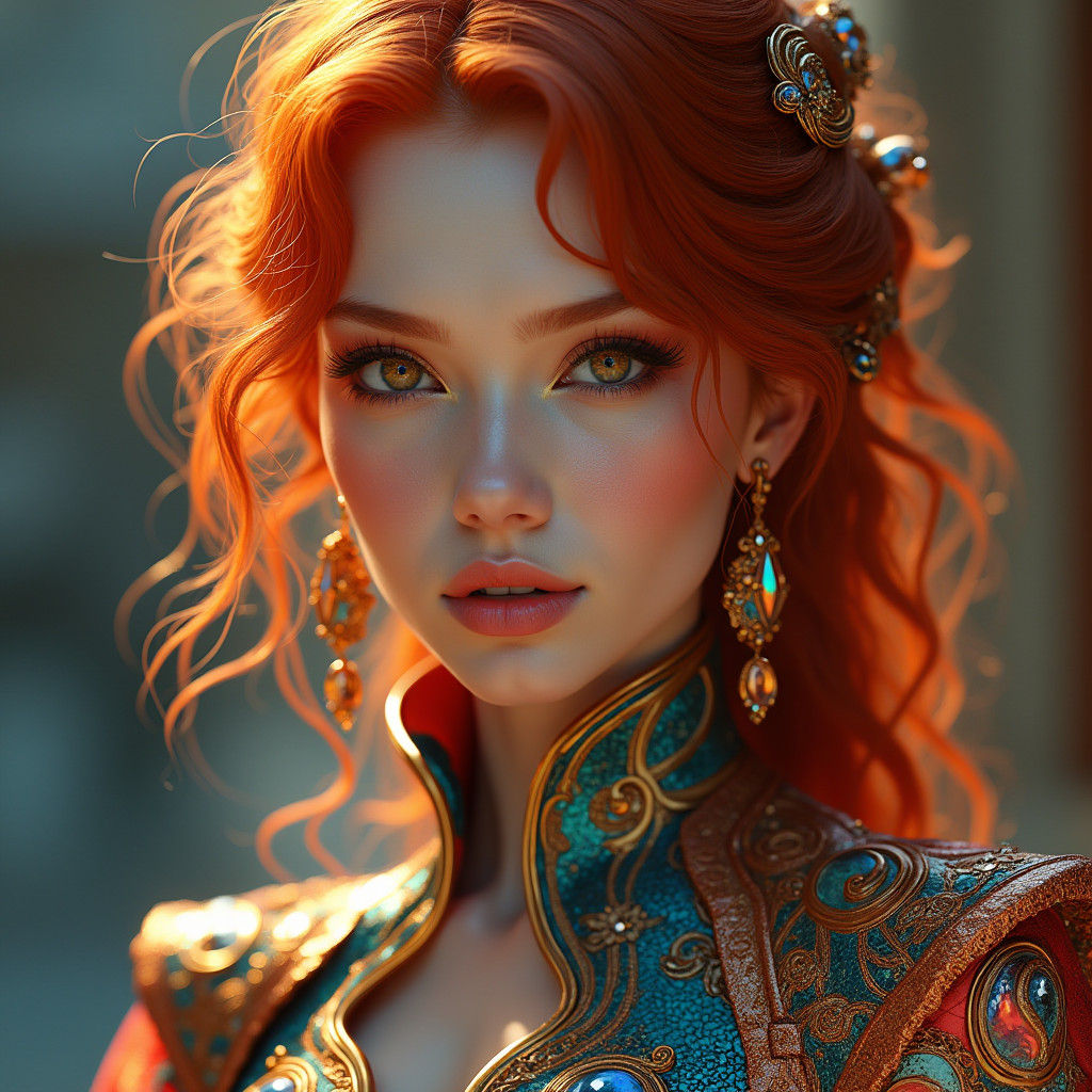 Stunning Woman with Fiery Hair in Sci-Fi Couture