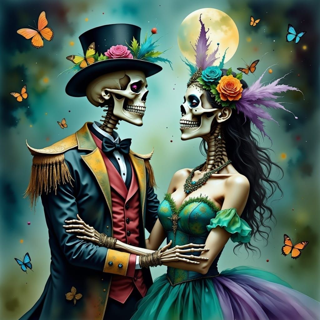 Skeletons Dancing in Mardi Gras Attire