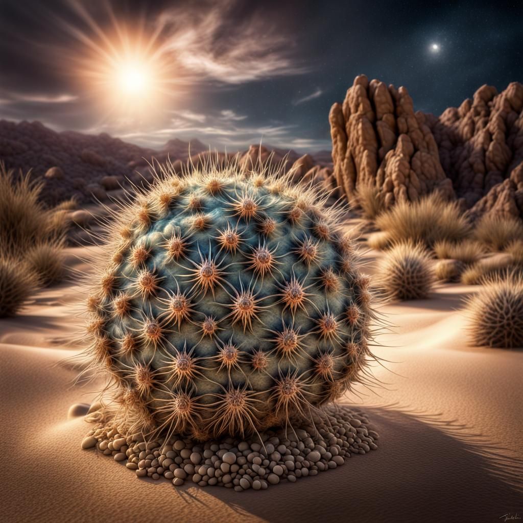 Cosmic Seeds in a Hyperrealistic Desert Landscape