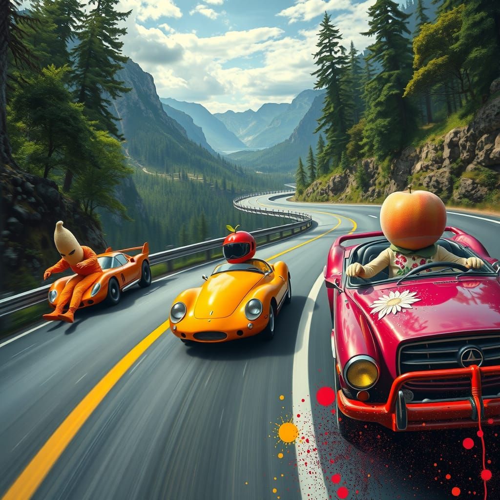 Vegetable Cars Racing in Surreal Forest Landscape