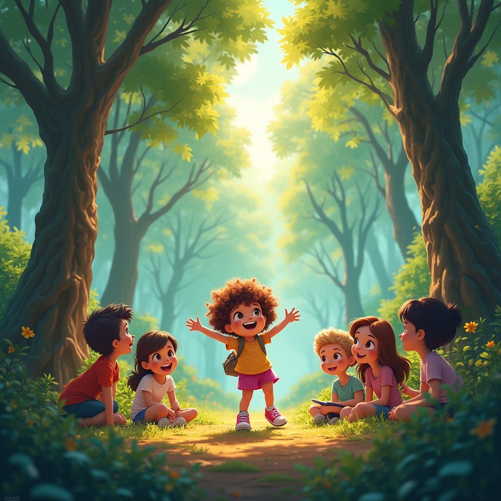 Energetic Girl Shares Story With Friends In Vibrant Forest M...