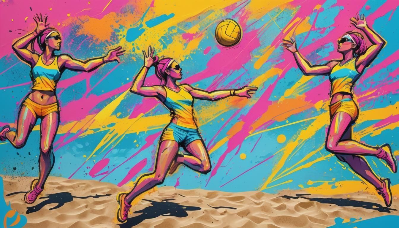 Dynamic Beach Volleyball Sketch in Graffiti Art Style