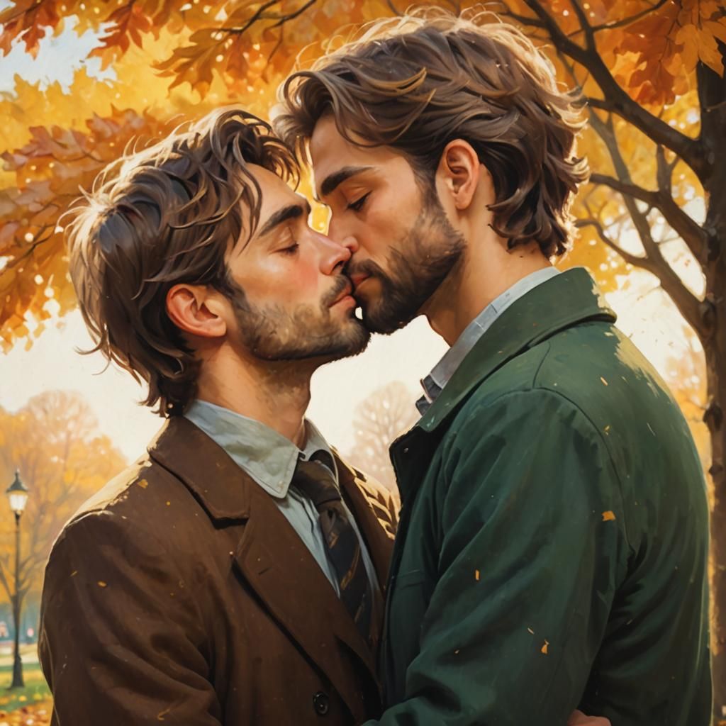 Impressionist Painting of Gay Couple Kissing in Autumn
