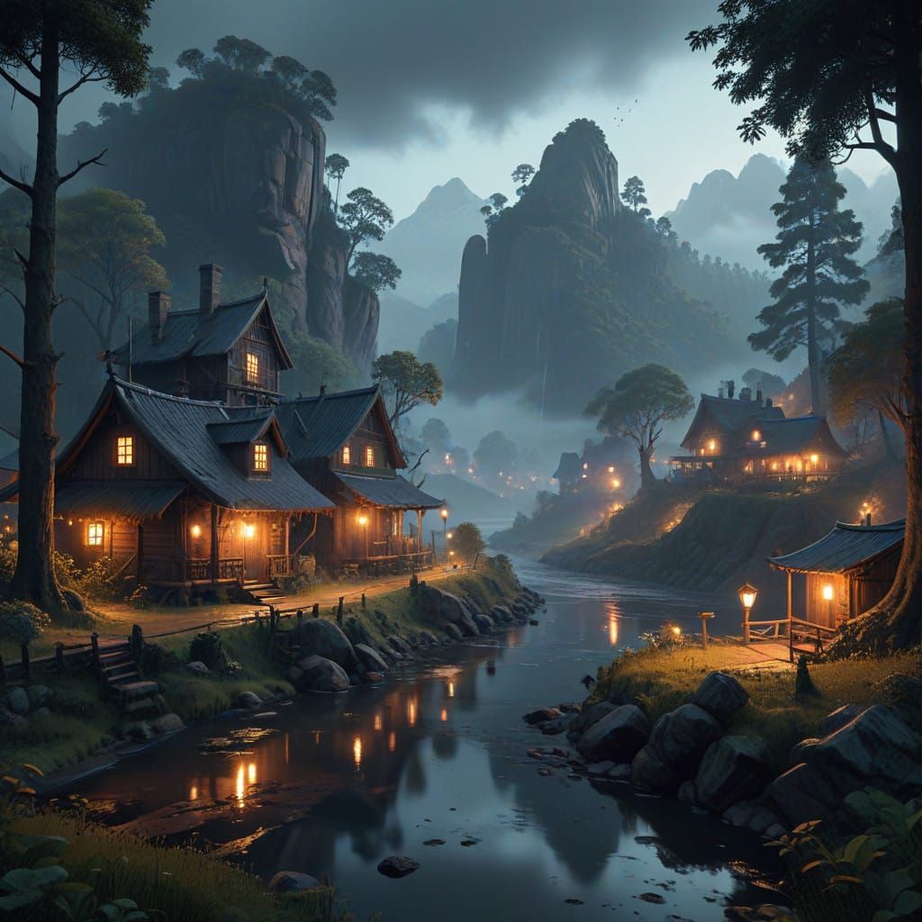 Futuristic Fantasy Village in Lush Valley Landscape