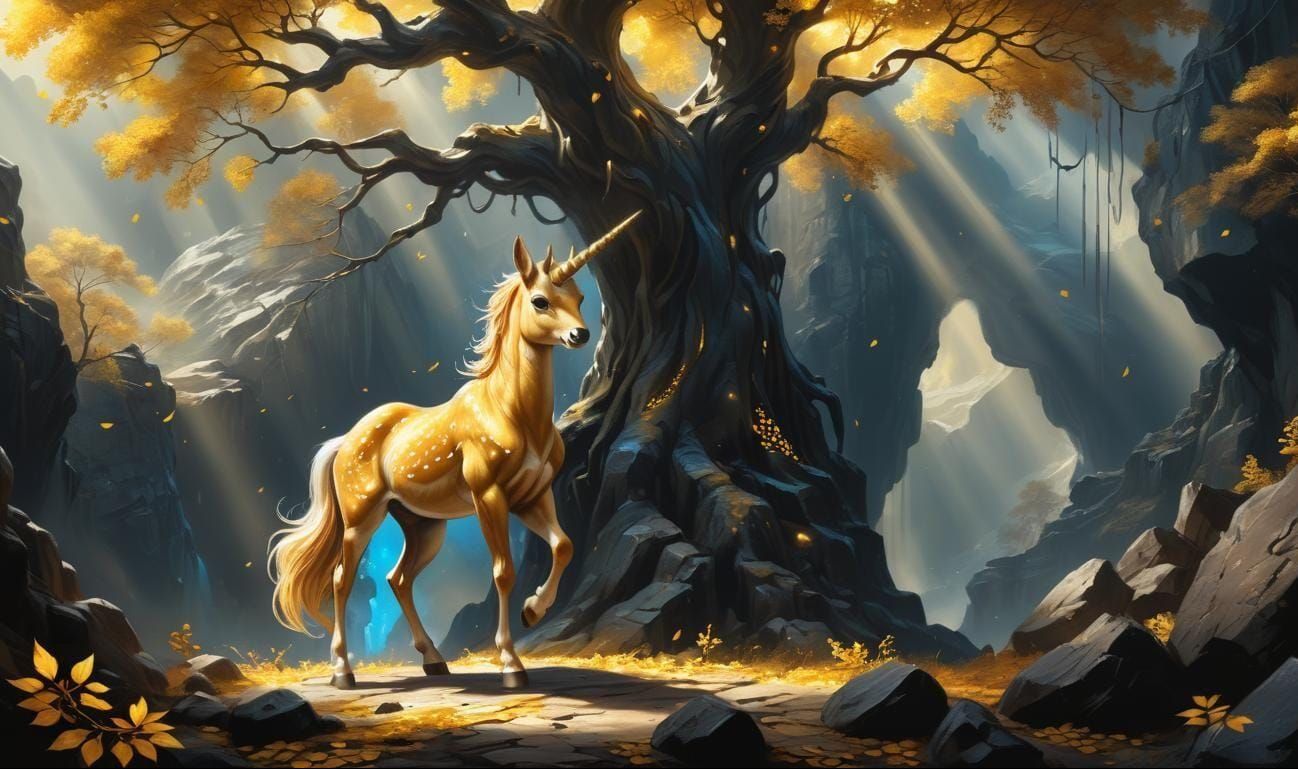 Fawn Unicorn at Ancient Golden Tree
