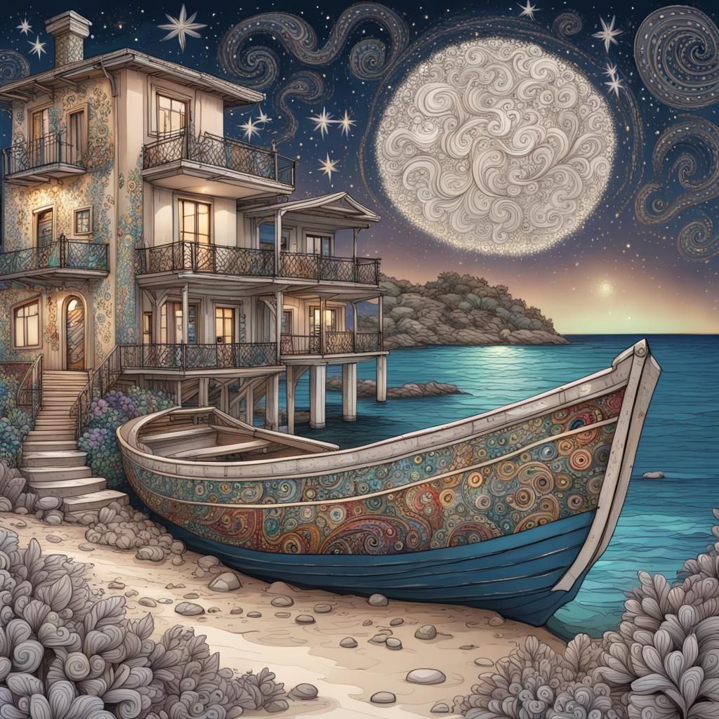 Abandoned Boat on Beach with Zentangle Decoration