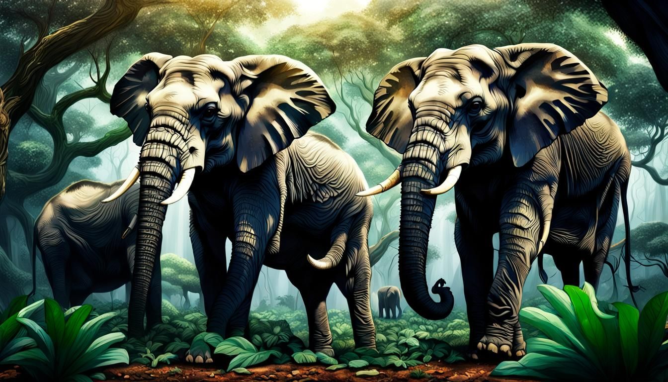 Elephants Eating Leaves in Jungle, Hyperrealistic HDR Image
