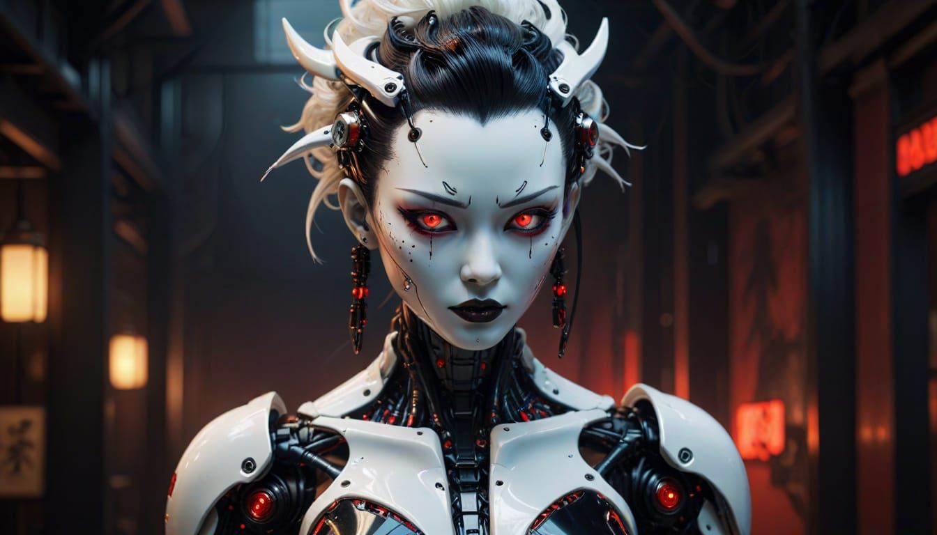 Cyberpunk Gynoid Robot with Porcelain Face and Mohawk